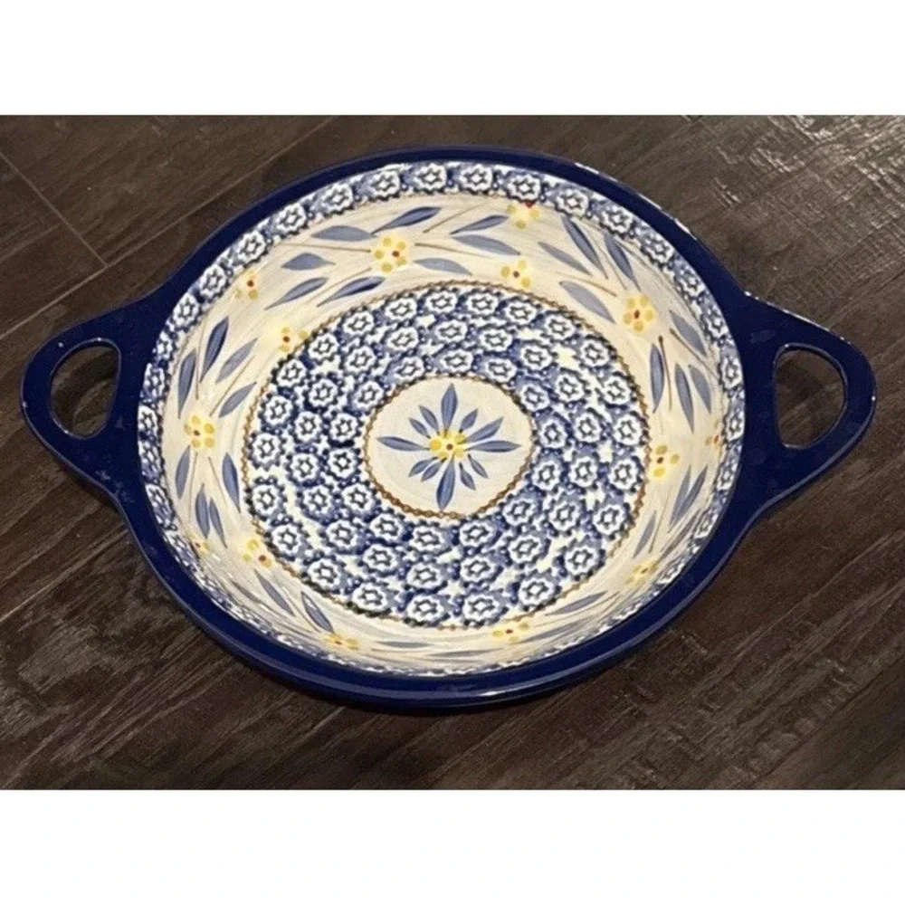 Temptations Old World Blue Floral 1.1 Quart Round‎ Pie Quiche Pan Handles